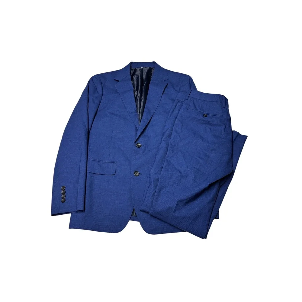 Bonobos Mens Jetsetter Slim Fit 2-pc Suit Blue Micro Houndstooth Wool 36R 32x31